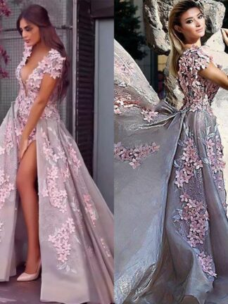 Купить 2020 Arabic Sexy A Line Prom Dresses Plunging V Neck Short Sleeves 3D Flowers Lace Applique High Side Split Evening Party robe de mariée