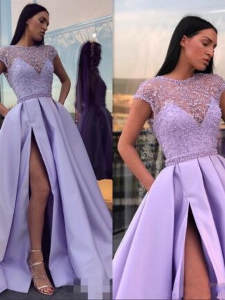 Купить 2020 Lavender High Side Split Prom Dresses Illusion Beads Pleats Sweep Train Formal Party Evening Gowns Special Occasion Dresses Vestido