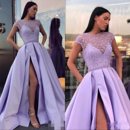 Купить 2020 Lavender High Side Split Prom Dresses Illusion Beads Pleats Sweep Train Formal Party Evening Gowns Special Occasion Dresses Vestido