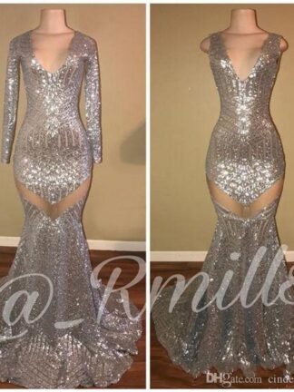 Купить Glitz Silver Sequin Mermaid Prom Reflective Dresses 2020 Long Sleeves V Neck Zipper Back Sexy See Through Evening Gowns