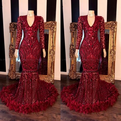 Купить 2020 Fashion Dark Red Lace Feather Mermaid Prom Dresses Black Girls V Neck Long Sleeves Sweep Train Formal Evening Gowns Real Image BC3356