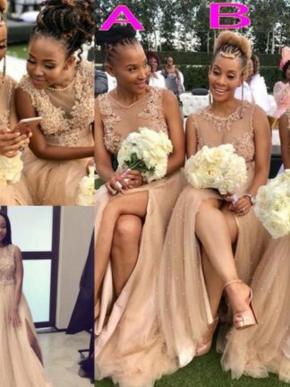 Купить 2020 Sexy Champagne African Split Front Bridesmaid Dresses Sheer Jewel Pearl Beads Tulle Wedding Party Gowns Tulle Maid Of The Honor Dress