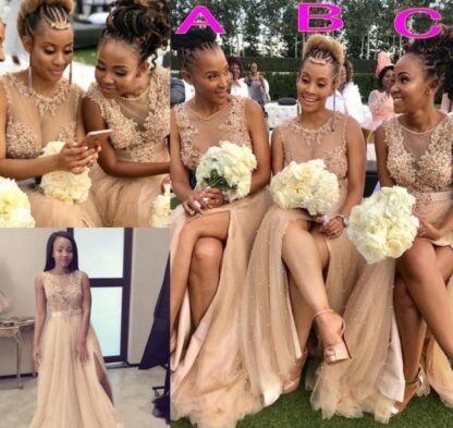 Купить 2020 Sexy Champagne African Split Front Bridesmaid Dresses Sheer Jewel Pearl Beads Tulle Wedding Party Gowns Tulle Maid Of The Honor Dress