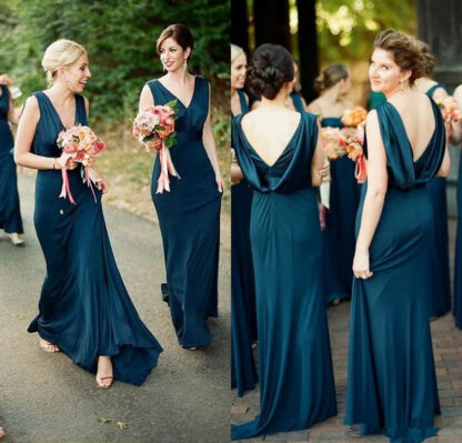 Купить Elegant Teal Green Sheath Bridesmaid Dresses V Neck Open Back Floor Length Maid of Honor Country Prom Gown