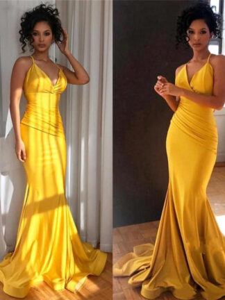 Купить Yellow Mermaid dress Evening Gowns Long Sexy Spaghetti V Neck Formal Pageant Criss Cross Back Prom Bridesmaid
