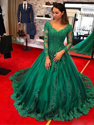 Купить Emerald Green Prom Dresses Evening Gowns Long Sleeve Lace Applique Beads Plus Size Formal Robe de soiree