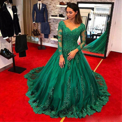 Купить Emerald Green Prom Dresses Evening Gowns Long Sleeve Lace Applique Beads Plus Size Formal Robe de soiree