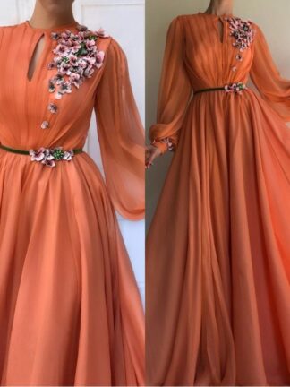 Купить Muslim Orange Long Sleeves Flowers Dubai Evening Dresses A-Line Chiffon Islamic Saudi Arabic Prom Gown Robe de soiree