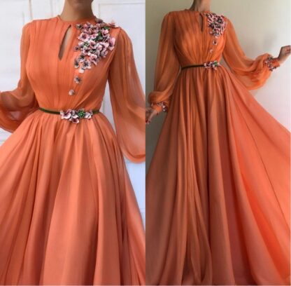 Купить Muslim Orange Long Sleeves Flowers Dubai Evening Dresses A-Line Chiffon Islamic Saudi Arabic Prom Gown Robe de soiree