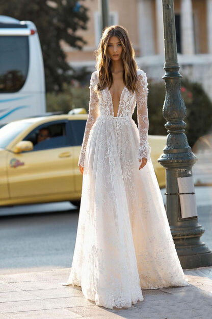 Купить Elegant Gown Berta Wedding Dresses Sexy Deep V Neck Backless 3D Flora Lace Appliques Beach Bridal Custom Robe De Mariee