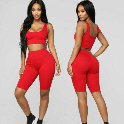 Купить February Brand 2Pcs Fashion Women Sports Suit Crop Tops Shorts Yoga Workout Clothes Tracksuit Two-piece Outfit Solid Sportwear
