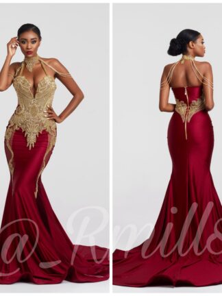 Купить 2020 Sexy Burgundy Sleeveless Tassel Mermaid Prom Dresses High Neck GOld Lace Applique Embroidery Evening Gowns Backless Party Dress