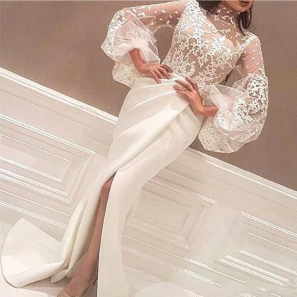Купить White Arabic 2019 Newest Prom Dresses Floor Length High Neck Lace Appliques Long Big Sleeve Mermaid Side Slit Evening Party Gowns BA6556