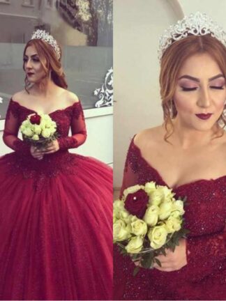 Купить Burgundy Sheer Lace Quinceanera Dresses Long Sleeves 2019 Puffy Ball Gown Beading Appliques Plus Size Sweet 16 Girls Prom Dress