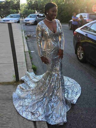 Купить Long Elegant Silver Prom Dresses 2019 Bling Bling Mermaid Long Sleeve V-neck Sequin African Black Girl Sexy Evening Dress