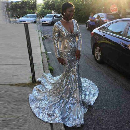 Купить Long Elegant Silver Prom Dresses 2019 Bling Bling Mermaid Long Sleeve V-neck Sequin African Black Girl Sexy Evening Dress