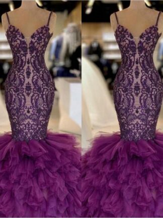 Купить Purple Mermaid Prom Dresses With Spaghetti Straps Tiered Skirt Tulle And Lace Celebrity Evening Dress Floor Length Sexy 2K19 Party Gowns