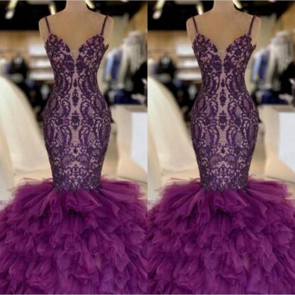 Купить Purple Mermaid Prom Dresses With Spaghetti Straps Tiered Skirt Tulle And Lace Celebrity Evening Dress Floor Length Sexy 2K19 Party Gowns