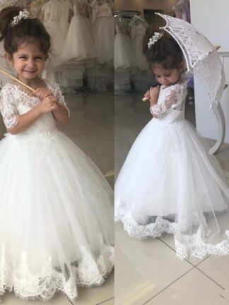 Купить 2019 Cute White Flower Girl Dresses For Weddings Half Sleeve Jewel Sweep Train Appliques Child Birthday Party Gowns First Communion Dress