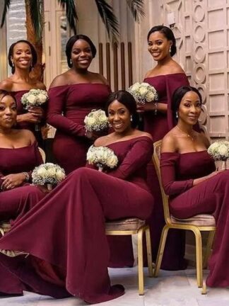 Купить Arabic African Burgundy Bridesmaid Dresses Off The Shoulder Long Sleeve Mermaid Sweep Train Maid of Honor Formal Wedding Party Dresses