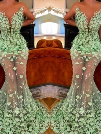 Купить Lime Green See Through Mermaid Prom Dresses 2019 3D Floral Appliques Sheer Jewel Neck Sleeveless Tulle Floor Length Celebrity Evening Gown