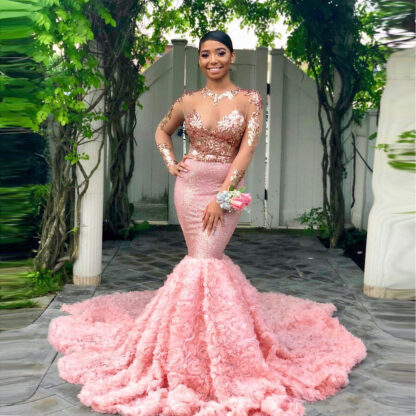 Купить Modern Pink Long Sleeves Black Girls Prom Dresses 2019 Mermaid Pageant Holidays Wear 3D Flowers Applique Floral Evening Gowns BC1052