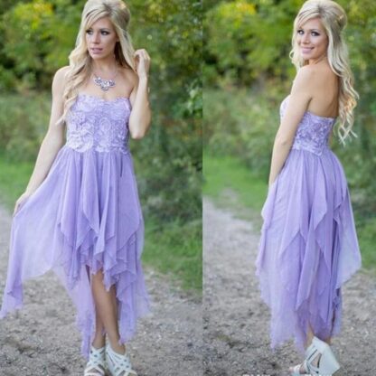 Купить Sweetheart Lavender Short Country Bridesmaid Dresses Lace Bodice Tiered Chiffon Skirt High Low Prom Dresses Sexy Backless Party Dresses