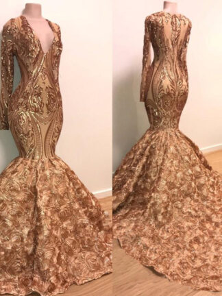 Купить 2020 Modern Gold Sequins Long Sleeve Prom Dress With Hand Made Flowers Major Beading Mermaid Evening Gowns BC1373