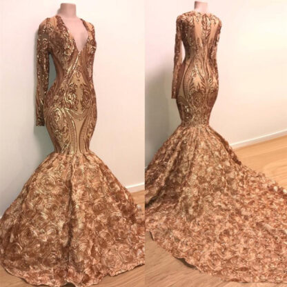 Купить 2020 Modern Gold Sequins Long Sleeve Prom Dress With Hand Made Flowers Major Beading Mermaid Evening Gowns BC1373