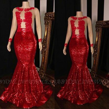 Купить Red Sequined Mermaid Prom Dresses For Black Girls 2019 Sexy Sheer Long Sleeves African Evening Gowns Applique Lace robe de soiree BC1915