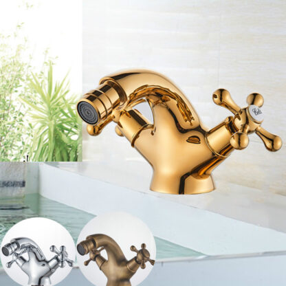 Купить Gold Bidet Basin Faucet Dual Handles Water Bathroom Sink Brass Single Hole Deck Mounted Water Mixer Tap