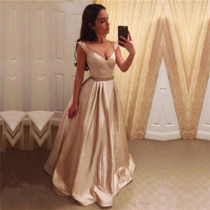 Купить Elegant Evening Dresses Vestidos Largos Noche V Neck A Line Satin Long Prom with Cap Sleeves robes de soirée