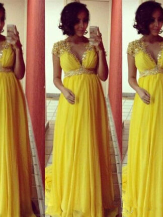 Купить Bright Yellow Short Sleeves Chiffon Long Evening Dresses For Pregnant Maternity Women Formal Party Prom Gowns Empire Beads Crystal Sas