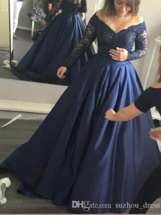 Купить Plus Size Prom Dresses Applique Dark Navy Blue Satin Lace Off The Shoulder A-line Long Sleeves Formal Evening Party Gowns Custom Made