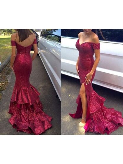 Купить Off Shoulder Floor Length Split Mermaid Sexy Evening Dresses Sequins Vintage Special Occasion Prom V-neck fashion beautiful