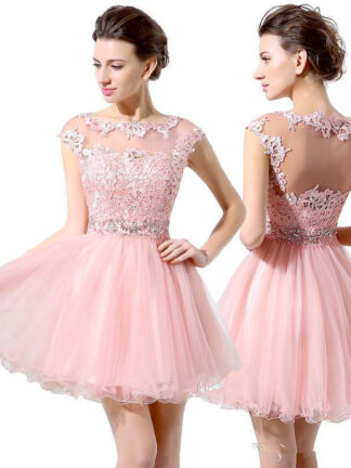 Купить Junior 8th Grade Party Dresses Cute Pink Short cocktail A-Line Mini Tulle Lace Beads Cap Sleeves Bateau Homecoming