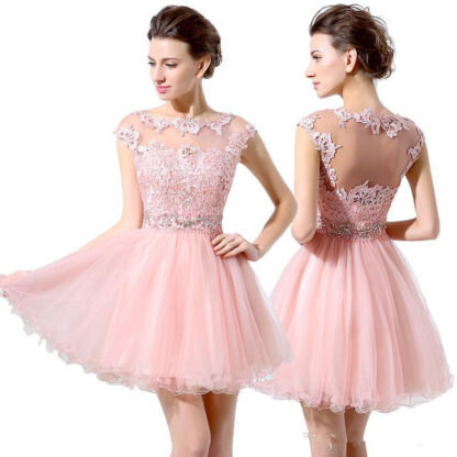 Купить Junior 8th Grade Party Dresses Cute Pink Short cocktail A-Line Mini Tulle Lace Beads Cap Sleeves Bateau Homecoming