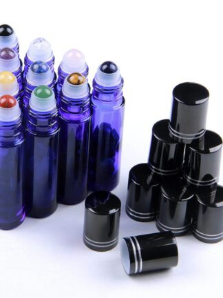 Купить Gemstone Roller Ball Cobalt Glass Essential Oil Bottles 10ml Crystal Chips Inside Portable Make up Containers 10pcs/lot