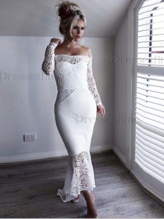 Купить 2020 NEw African White Off Shoulder Bridesmaid Dresses Lace Long Sleeve Mermaid Wedding Guest Dress Short Maid of Honor Cheap Cocktail Gowns