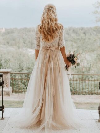 Купить Sexy Bohemian 2020 New Backless Champagne Wedding Dresses with Sleeve A-line Hippie Country Western Bridal Gowns Boho Beach Wedding Dress