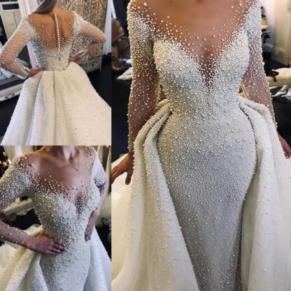 Купить 2022 Major Pearls Mermaid Wedding Dresses Sheer Crew Neck Long Sleeves See THrough Wedding Gowns With Removable Train Bridal Dress CPH056
