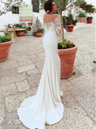 Купить Amazing Tulle & Four Way Spandex Scoop Neckline Mermaid Wedding Dress With Lace Appliques Long Sleeves Bridal Dresses