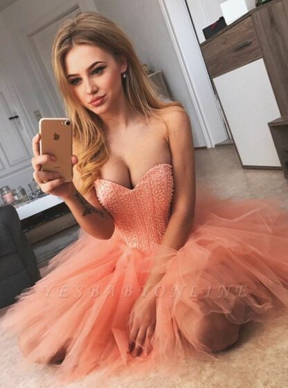 Купить Coral Chic Sleeveless Homecoming Dresses 2020 Sweetheart A-Line Cocktail Dress Beadings Short Prom Dress Bling Graduation Dress