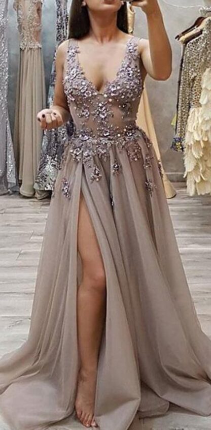 Купить Abiye Gece Elbisesi Formal Dress Women Elegant Luxury Evening Long Tulle Beaded Gowns Robe De Soiree V-neck Side split