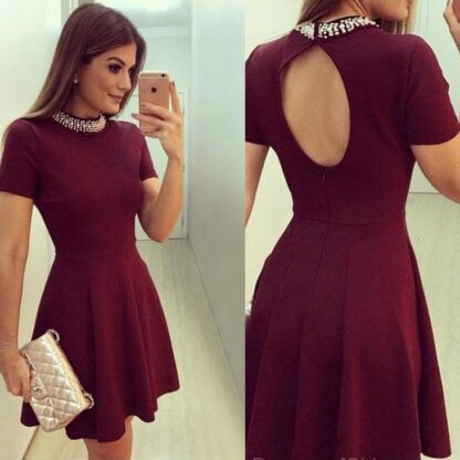 Купить Mini Bridesmaid Dress Satin Prom Dresses Burgundy Homecoming Dress Short Sleeve Graduation Dresses Open Back Cocktail Dress