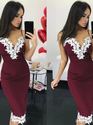 Купить Sexy Dark Red Mermaid Cocktail Dresses Spaghetti Straps Appliques Fitted Arabic Knee Length Prom Party homecoming Customized