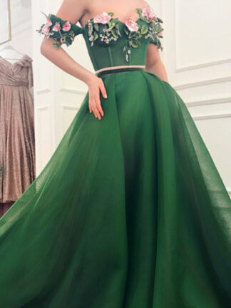 Купить Green Muslim Evening Dresses A-line Sweetheart Tulle Beaded Flower Elegant Dubai Saudi Arabic Long Evening Gown Prom Dress