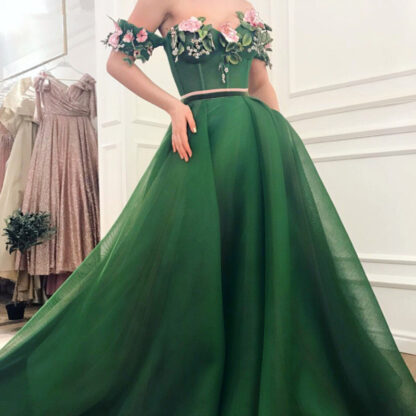 Купить Green Muslim Evening Dresses A-line Sweetheart Tulle Beaded Flower Elegant Dubai Saudi Arabic Long Evening Gown Prom Dress