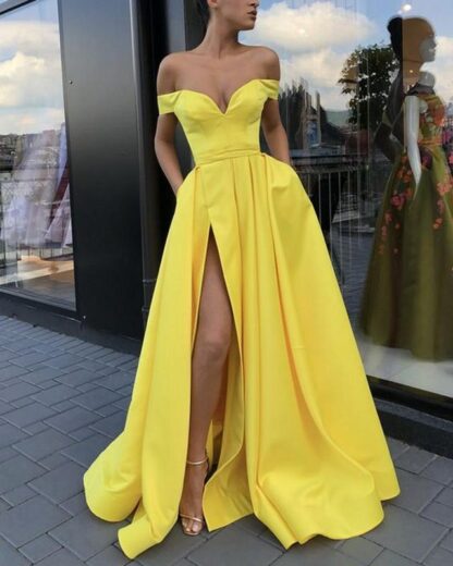 Купить Yellow Evening Dresses with Pockets A-line V-neck Off Shoulder Slit Islamic Dubai Saudi Arabic Long Elegant pageant Evening Gown