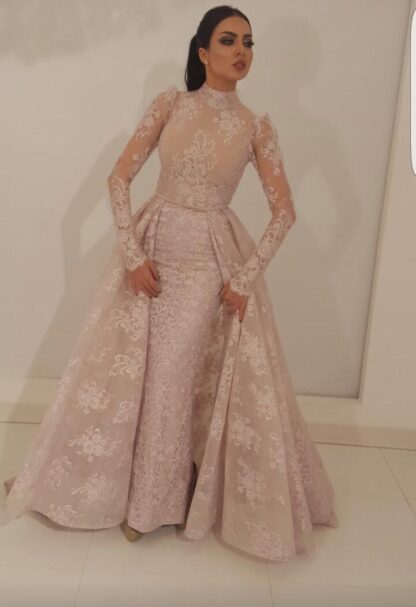 Купить Cocktail Muslim Dress Mermaid High Collar Illusion Long Sleeves Lace Dubai Saudi Arabic pageant Evening Gown robe de soiree Special Occasion for Women